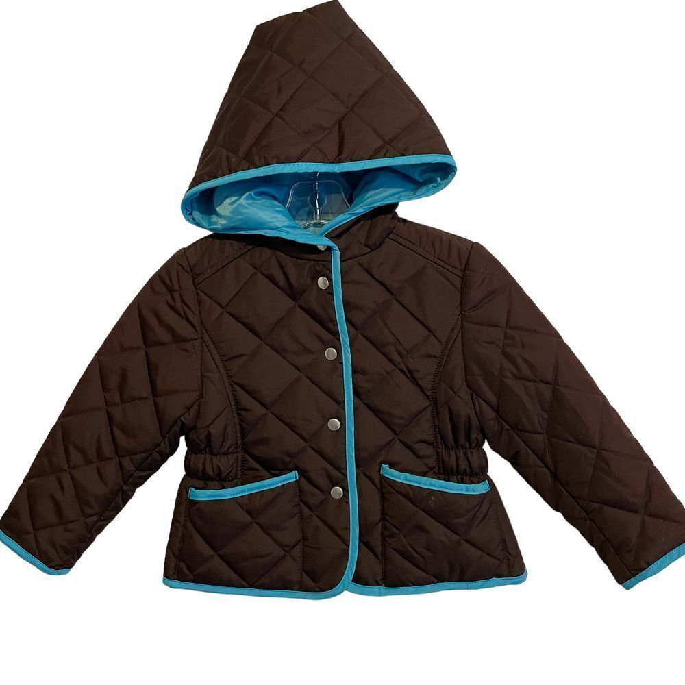 Kids Quilted Hooded Raincoat in Brown with Blue Trim